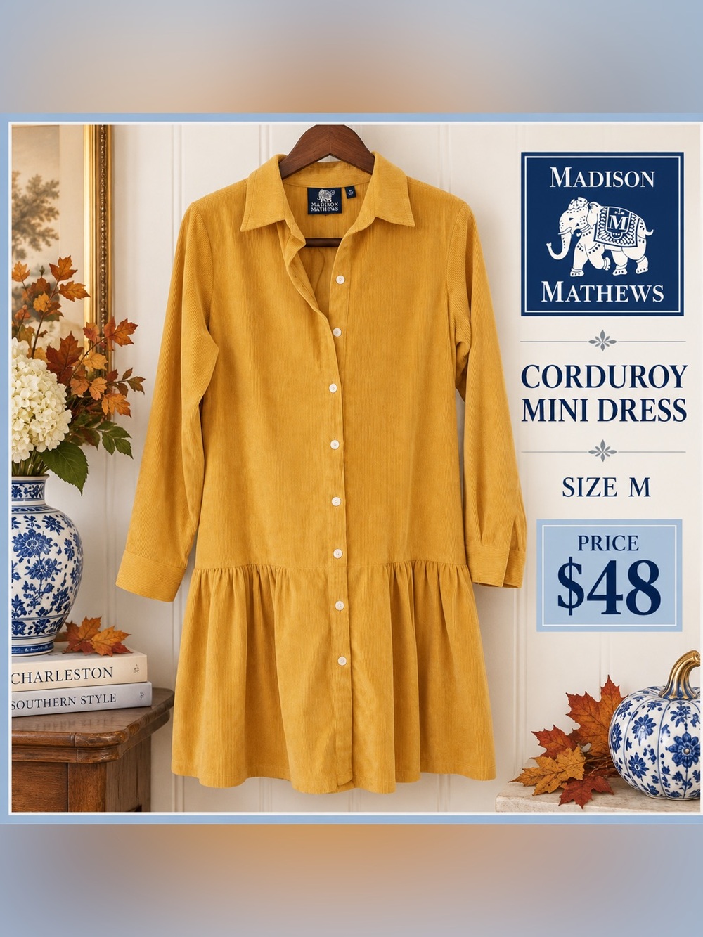 Madison Mathews Mustard Corduroy Button Front Mini Dress M